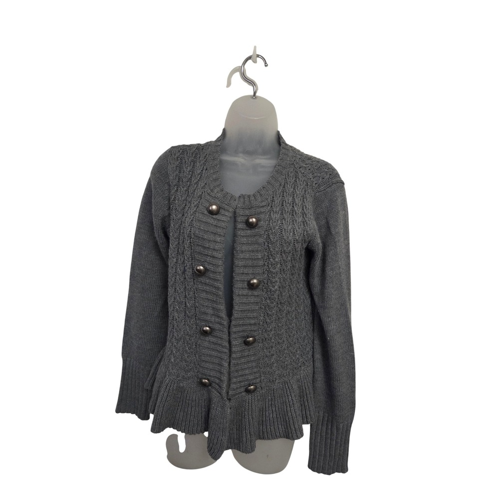 ANA A New Approach Grey Cable Knit Peplum Cardigan Double Breasted Y2K Large